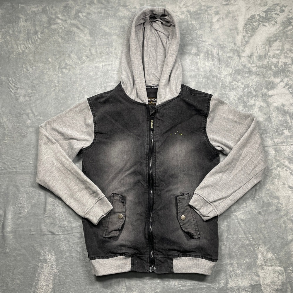 Buffalo David Bitton Hooded Jacket Kids Size M 10/12 Black Gray Mixed‎ Media Zip